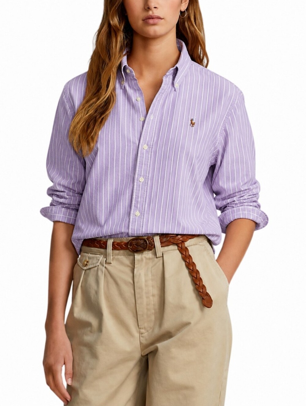 Ralph Lauren Classic Fit Striped Button-Down Shirt Womens Size 10 Lavender White